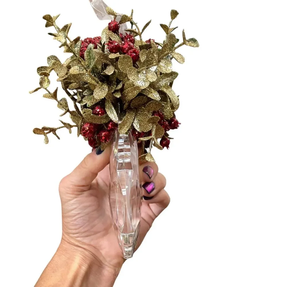 Kissing Krystals Acrylic Mistletoe Christmas Ornament Clear Green Gold Red Berry